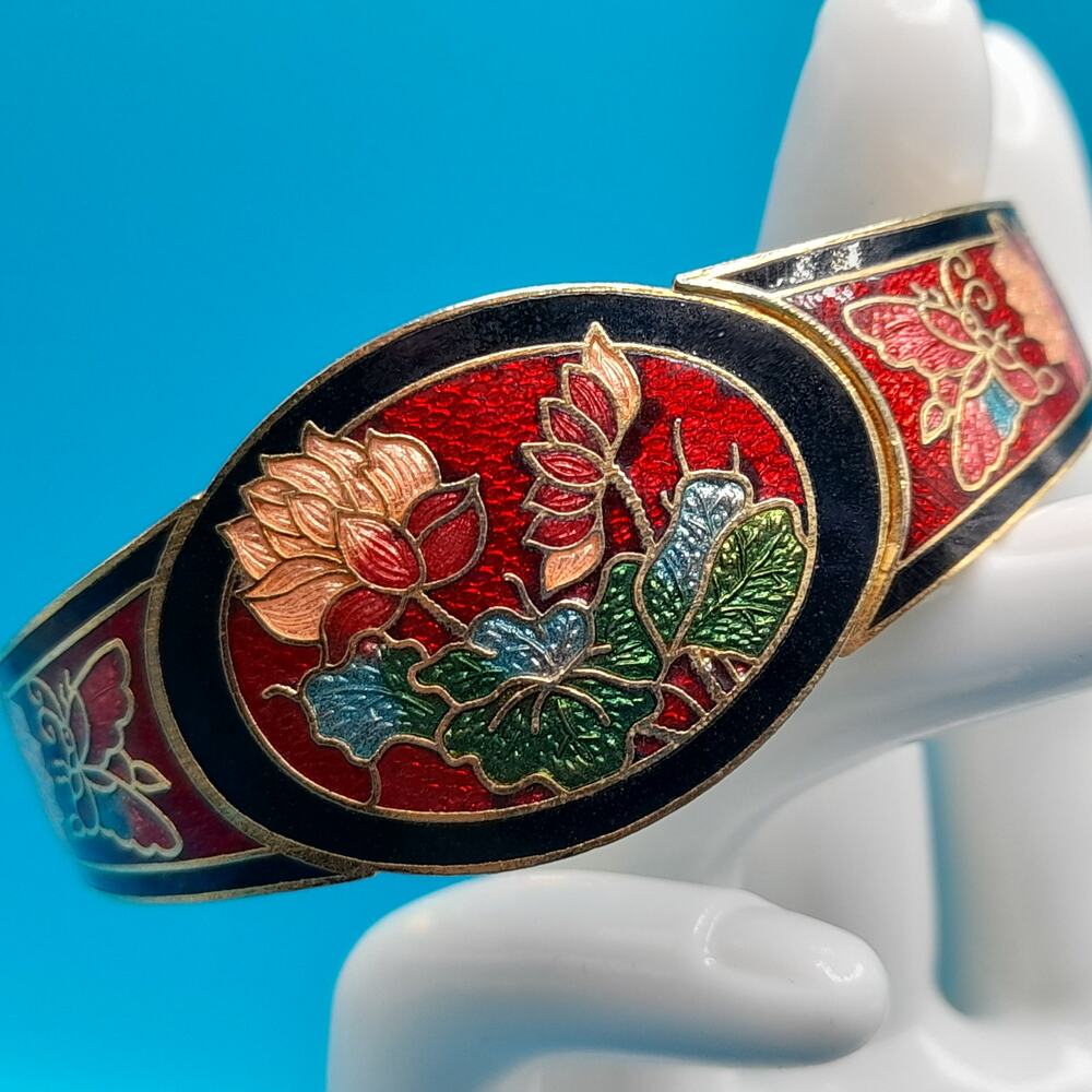 Vintage Cloisonne Hinged Bracelet, Floral Butterflies, 1980s